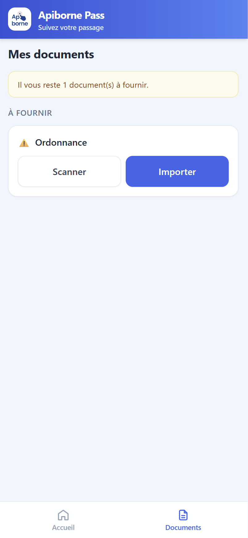 Écran documents Apiborne Pass : transmettre les documents requis par scan ou import avant la venue