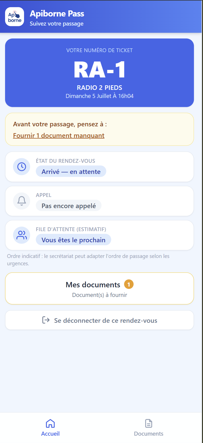 Tableau de bord Apiborne Pass : numéro de ticket, file d'attente et notification d'appel au guichet