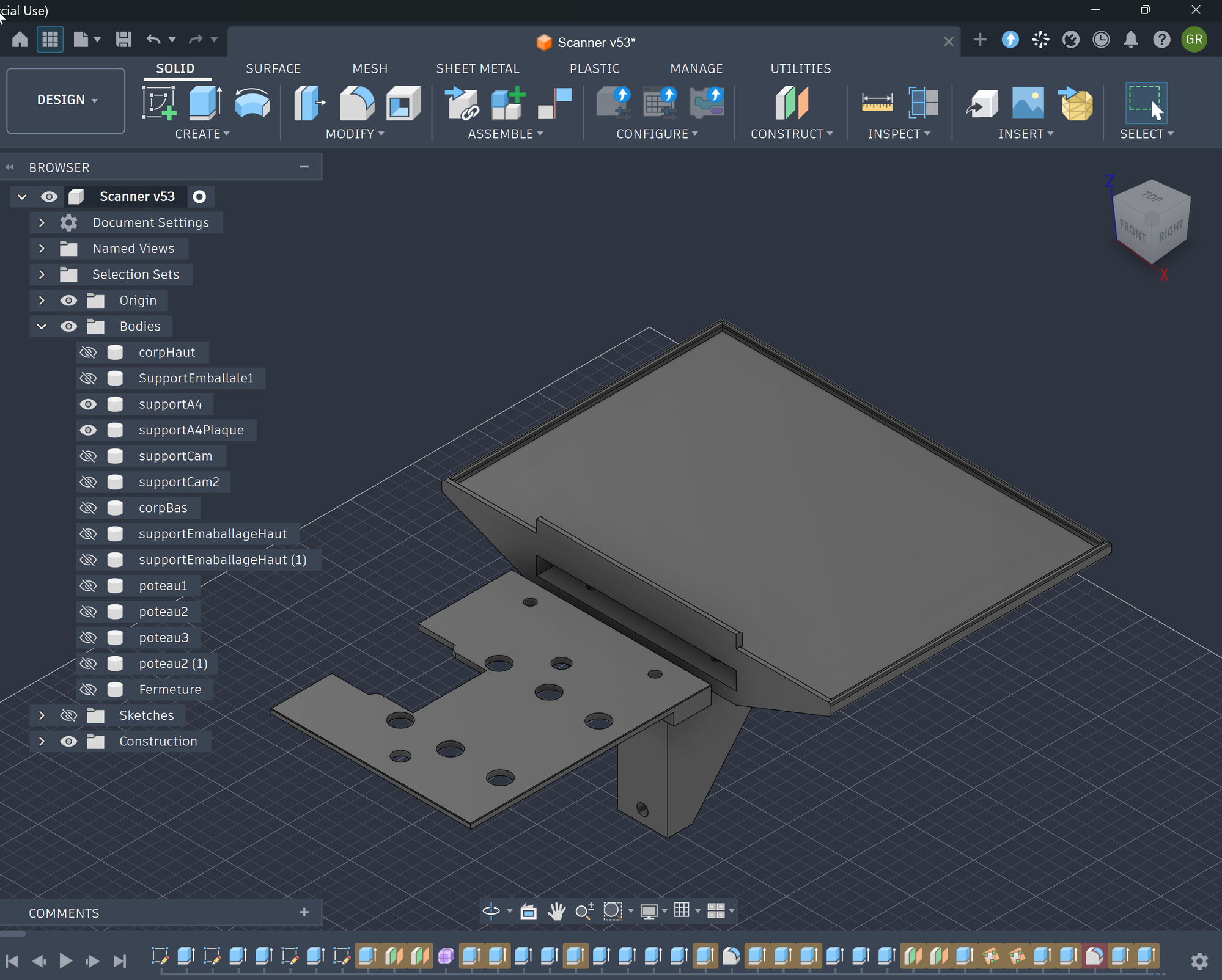 Modèle Fusion 360 du plateau A4 qui guide l'ordonnance sous le scanner de la borne