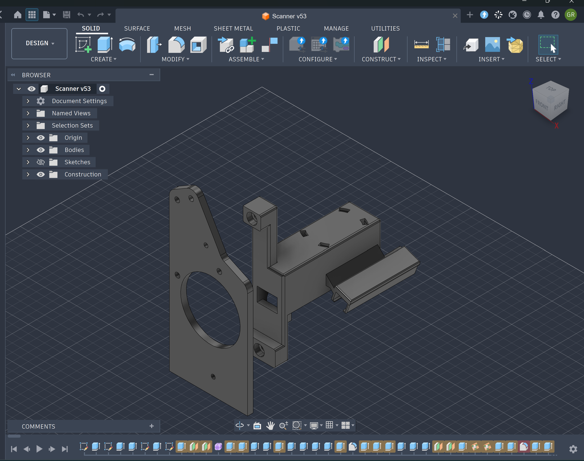 Modèle Fusion 360 du support de scanner d'ordonnances : platine, bras de caméra et fixation