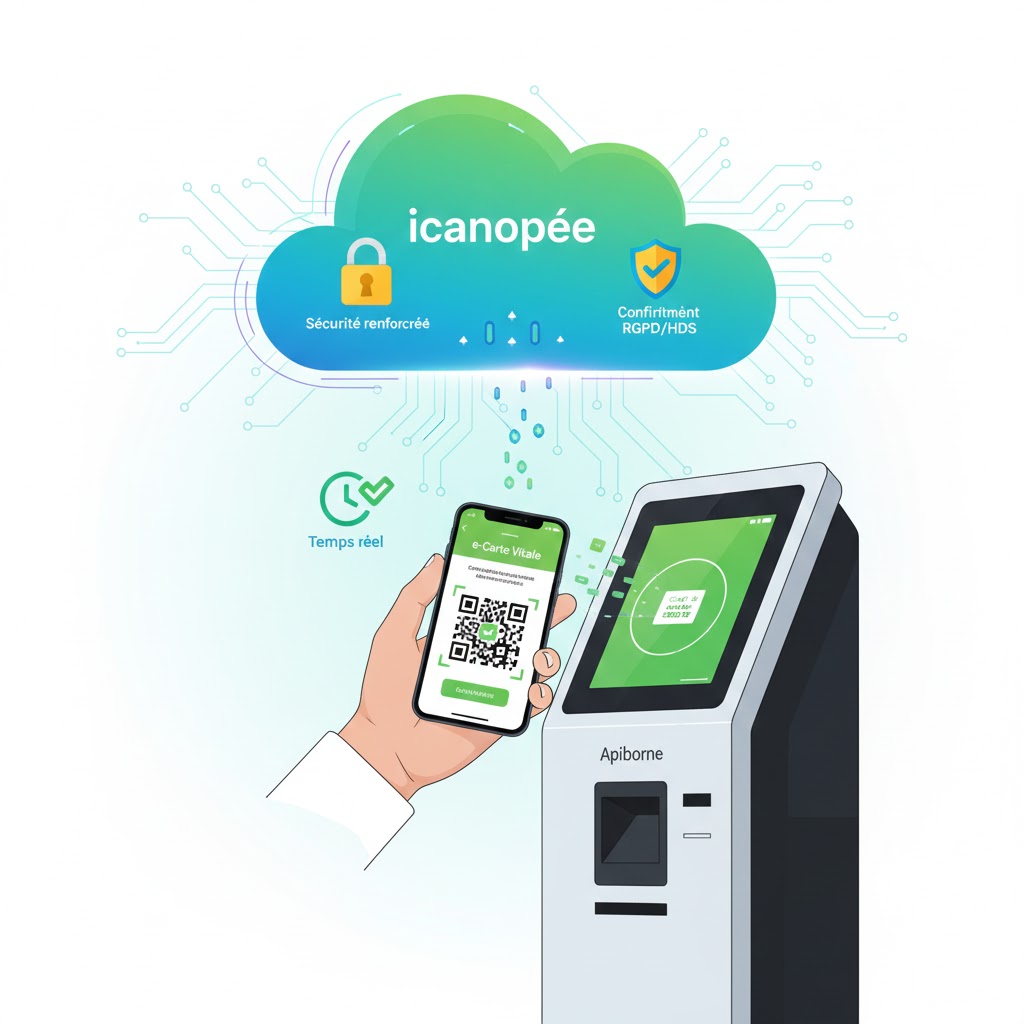 Smartphone avec e-Carte Vitale scannant un QR code sur une borne Apiborne via icanopée