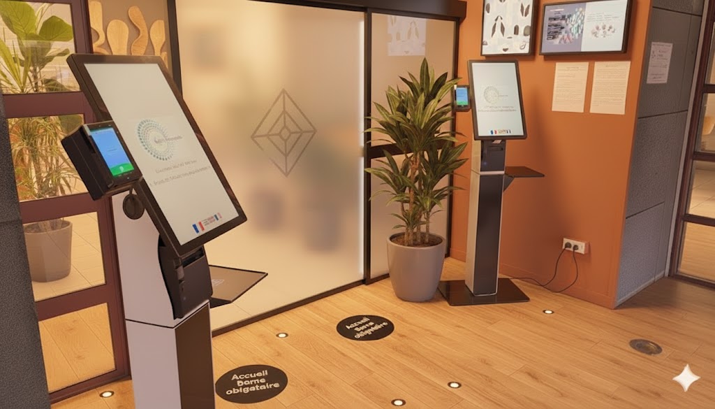 Double installation de bornes Apiborne dans un hall d'accueil