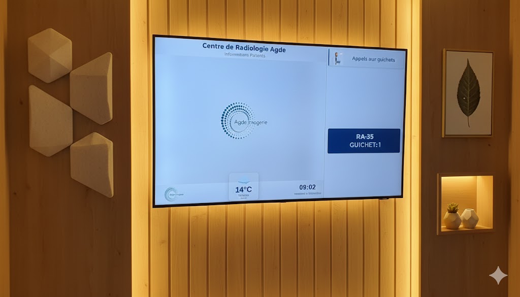 Écran d'appel patients dans un centre de radiologie