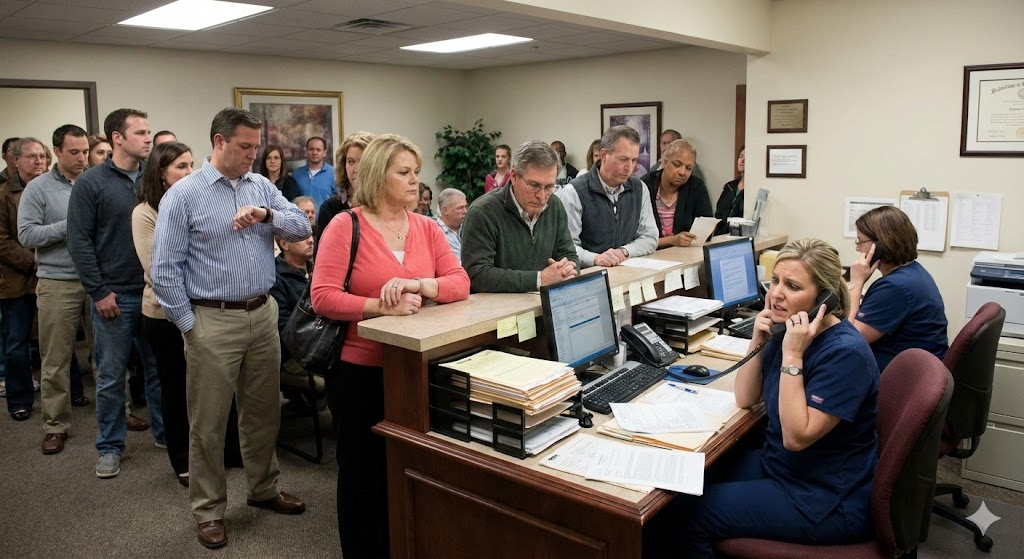 Accueil traditionnel en radiologie : file d'attente et secrétariat surchargé dans un centre d'imagerie médicale