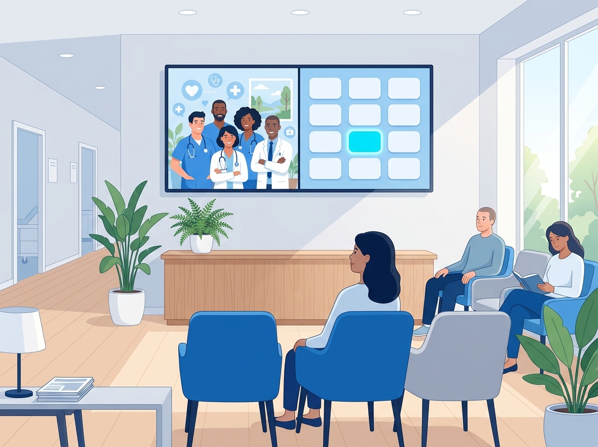 Salle d'attente avec écran TV : vidéo de présentation et tableau des numéros appelés
