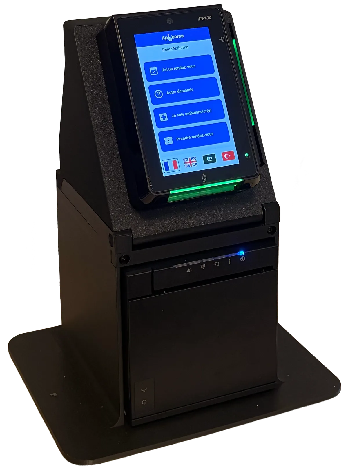 Mini-borne Apiborne : terminal tactile PAX IM30 et imprimante de tickets sur socle, posée sur un comptoir