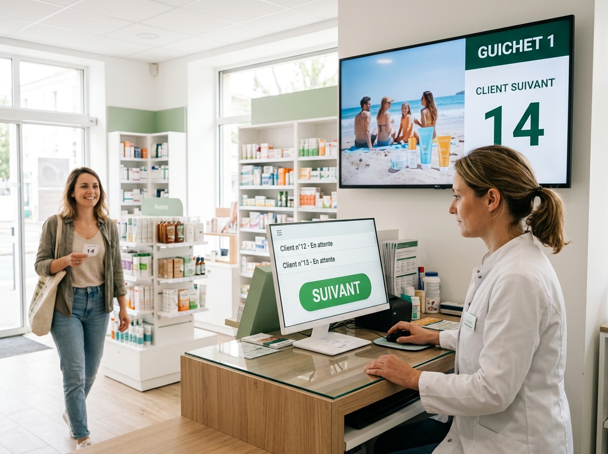 Pharmacien derrière le comptoir appelant le patient suivant depuis le panneau de l'extension Chrome, numéro affiché sur l'écran mural
