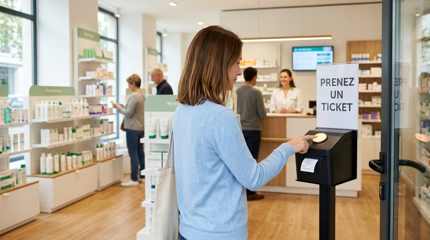 Entrée d'une pharmacie avec la borne à bouton sur son support et le panneau « Prenez un ticket »