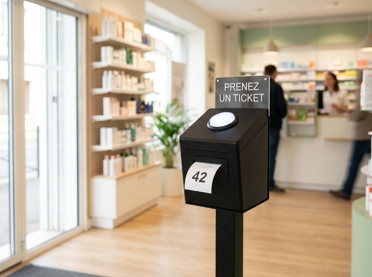 La borne à bouton : boîtier compact avec un grand bouton lumineux, imprimante de tickets et panneau « Prenez un ticket », sur son pied