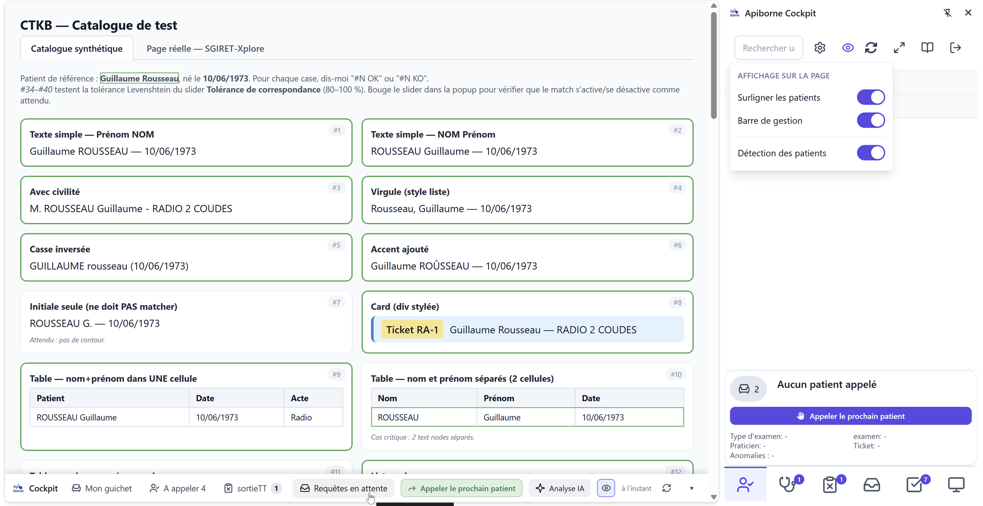 Extension Apiborne Cockpit ouverte sur un logiciel métier : patients arrivés surlignés en vert dans la page, barre de gestion en bas, panneau latéral d'appel à droite