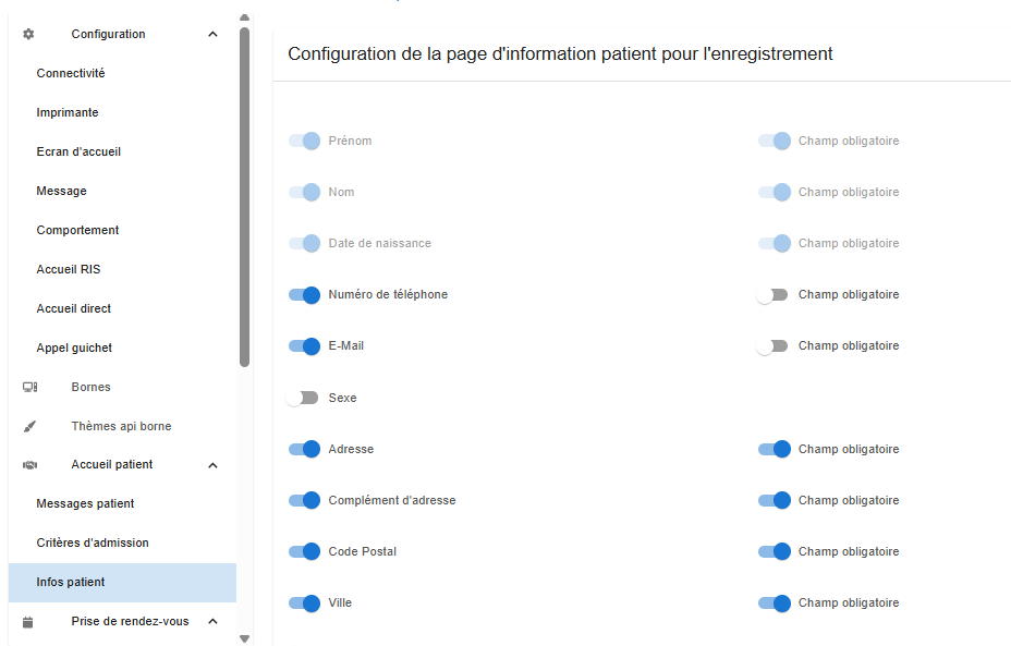 Interface d'administration - Menu latéral avec sections de configuration