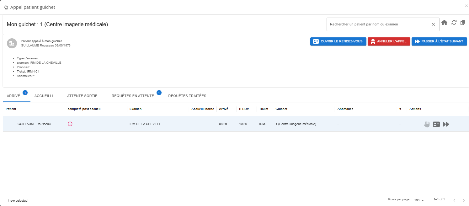 Interface d'appel principal - Dashboard secrétariat médical